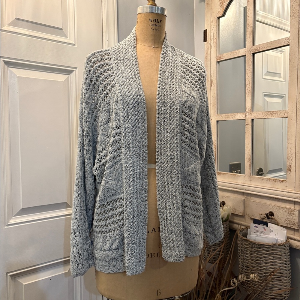 Pure Jill Elegant‎ Light Gray Knit Cardigan Shabby Chic Layering Piece Size  Med
